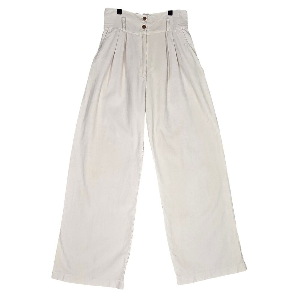 KIKI LOVE HIGH‑RISE PLEATED CORDUROY TROUSERS – SIZE M – CREAM – COTTON